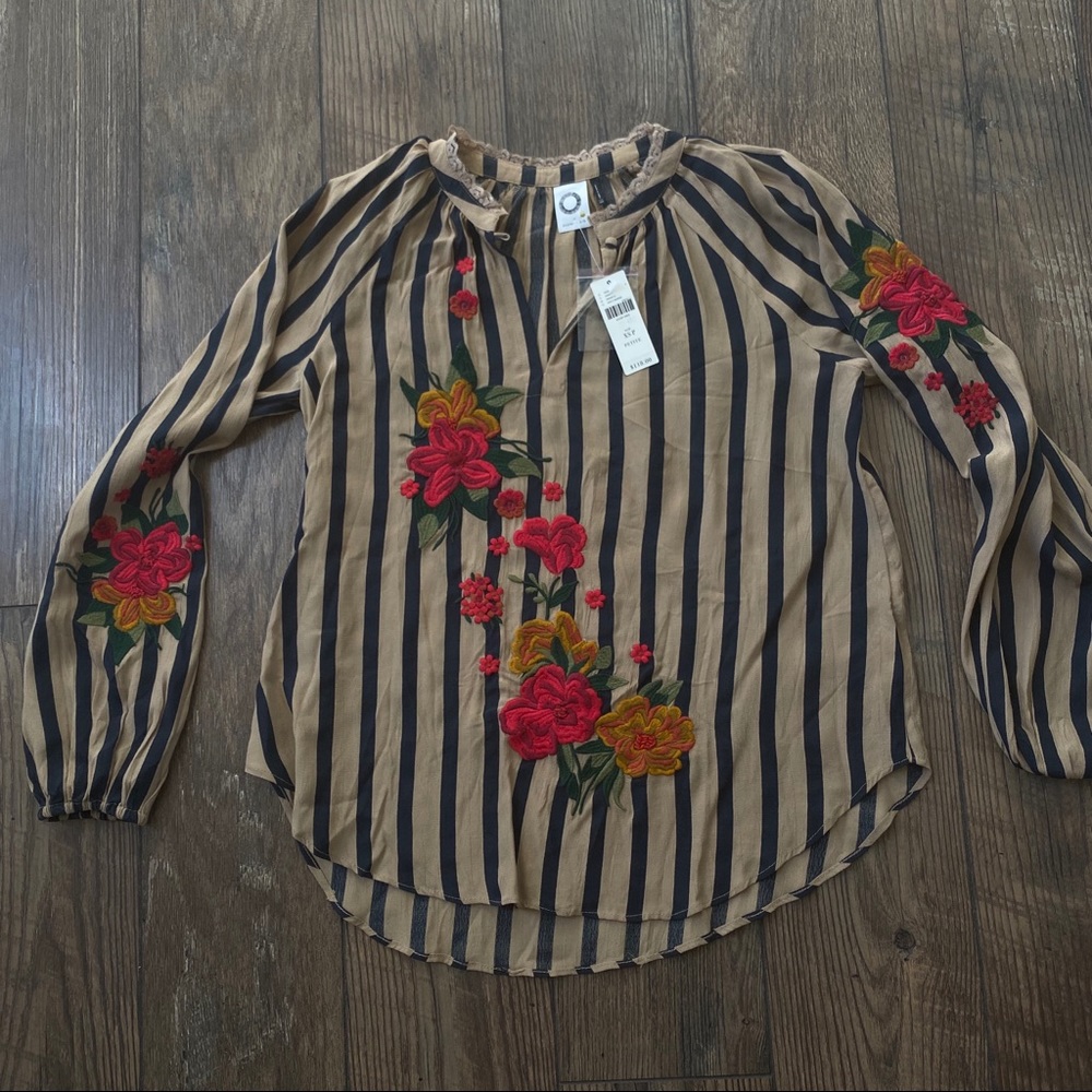 NWTS Anthropologie Striped Flower Embroidered Top